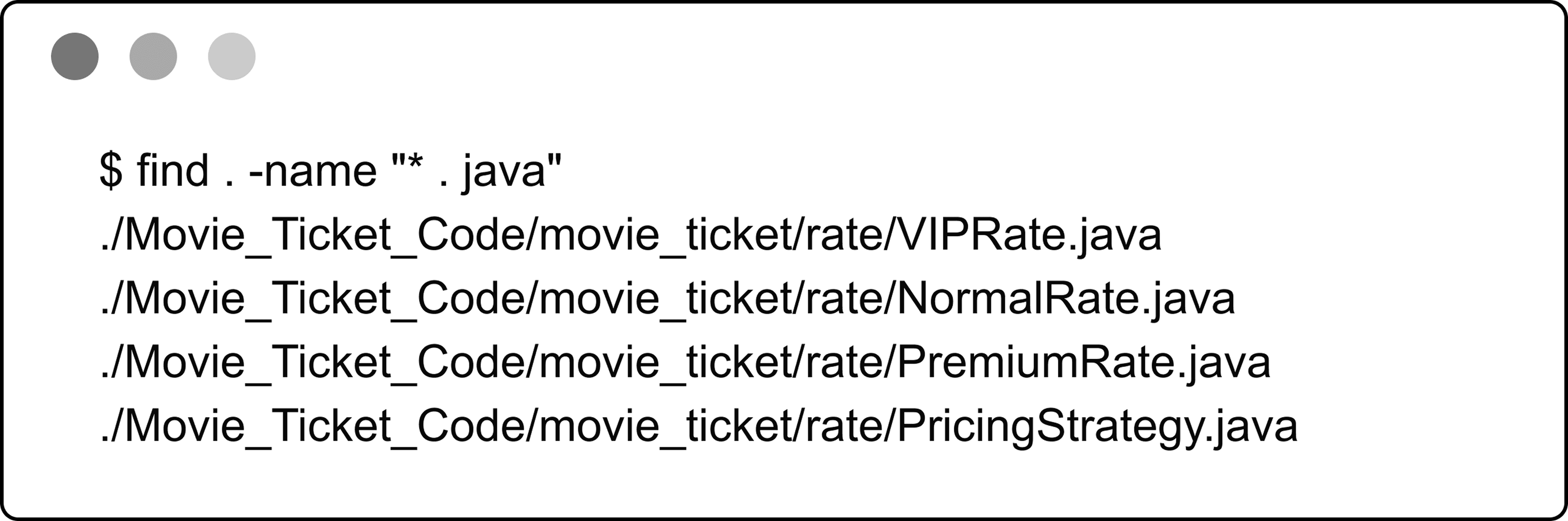 Image represents a code snippet, likely from a build script or IDE, showing a search command.  At the top are three shaded circles, possibly representing progress or status indicators. Below this, the command `$ find . -name '*.java'` is displayed. This command instructs the `find` utility to search the current directory \(`.`\) for all files ending with `.java`. The subsequent lines list the results of this search, indicating the location of four Java files within a directory structure: `/Movie_Ticket_Code/movie_ticket/rate/VIPRate.java`, `/Movie_Ticket_Code/movie_ticket/rate/NormalRate.java`, `/Movie_Ticket_Code/movie_ticket/rate/PremiumRate.java`, and `/Movie_Ticket_Code/movie_ticket/rate/PricingStrategy.java`.  These files are likely related to movie ticket pricing, with each `.java` file potentially representing a different pricing strategy \(VIP, Normal, Premium\) and a PricingStrategy class managing them. The overall structure suggests a project organized using a package hierarchy within the `Movie_Ticket_Code` directory.