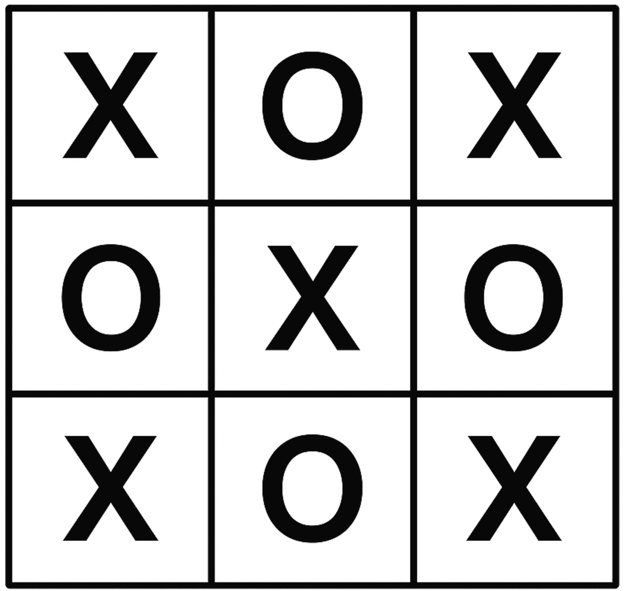 Image represents a 3x3 tic-tac-toe board showing a completed game.  The board is composed of nine equal-sized squares arranged in a three-by-three grid, delineated by thick black lines. Each square contains either a bold, uppercase 'X' or a bold, uppercase 'O,' representing the moves of the two players. The arrangement of the symbols shows that 'X' has won the game, having three 'X's in a diagonal line from the top-left to the bottom-right.  There is no other information, such as URLs or parameters, present in the image; it solely depicts the final state of a tic-tac-toe game.
