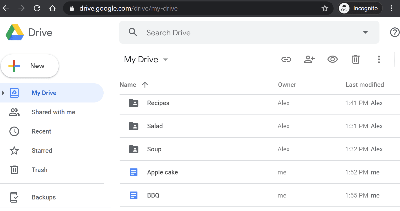 Image represents a Google Drive interface displayed in an Incognito browser window.  The top displays the URL `drive.google.com/drive/my-drive` within the address bar, along with standard browser controls.  Below, the Google Drive logo and title are shown, followed by a 'New' button with a plus icon. A left-hand navigation pane lists options: 'My Drive' \(selected\), 'Shared with me,' 'Recent,' 'Starred,' 'Trash,' and 'Backups,' each accompanied by a relevant icon. The main area displays a list of files and folders within 'My Drive,' sorted by name in ascending order \(indicated by an upward-pointing arrow\). Each entry shows the file/folder name \(e.g., 'Recipes,' 'Salad,' 'Apple cake'\), the owner \('Alex' or 'me'\), and the last modified timestamp \(e.g., '1:41 PM Alex'\).  File types are visually distinguished by icons: folders are represented by folder icons with a person icon inside, while documents are represented by a list icon.  At the top right of the main area, icons for sharing, adding collaborators, viewing, deleting, and more options are present.  The browser's Incognito mode is indicated in the top right corner.