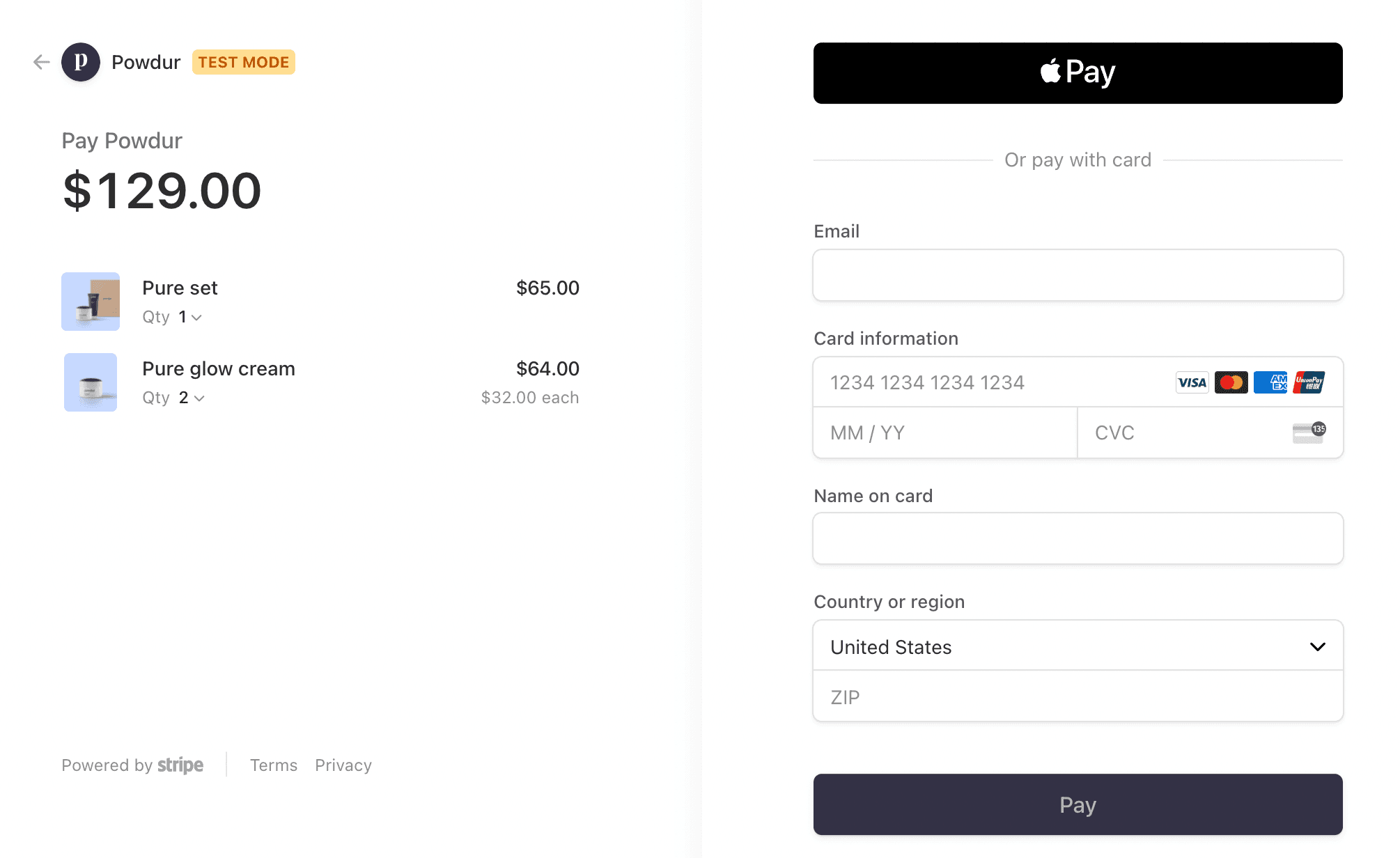 Image represents a web page displaying an online checkout process for a purchase from a store named 'Powdur'.  The left side shows the order summary, listing 'Pure set' \(quantity 1, $65.00\) and 'Pure glow cream' \(quantity 2, $32.00 each, totaling $64.00\). The total amount due is $129.00.  The bottom left corner displays 'Powered by Stripe,' indicating the payment processing service used.  'Terms' and 'Privacy' links are also present. The right side contains the payment information section.  It offers two payment options: Apple Pay \(a button labeled 'Pay' with the Apple Pay logo\) and payment by card.  The card payment option requires entering the email address, card number \(partially shown as '1234 1234 1234 1234'\), expiry date \(MM/YY\), CVC code, name on the card, country/region \(with 'United States' selected\), and ZIP code.  Various card logos \(Visa, Mastercard, American Express, Discover, and UnionPay\) are displayed, indicating accepted card types.  Two 'Pay' buttons are present, one for Apple Pay and another for card payments.  The top left corner shows a back arrow and the 'Powdur' logo, along with a 'TEST MODE' indicator.  No explicit data flow is visually represented, but the implied flow is that the order summary data is sent to the payment gateway \(Stripe\) upon clicking either 'Pay' button, along with the payment information entered by the user.